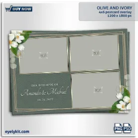 olive and ivory overlay templates for all photo booth software. This 4x6 landscape postcard template is designed for the sophisticated bride and groom, blending organic botanical beauty with crisp, geometric luxury.