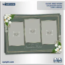 olive and ivory overlay templates for all photo booth software. This 4x6 landscape postcard template is designed for the sophisticated bride and groom, blending organic botanical beauty with crisp, geometric luxury.