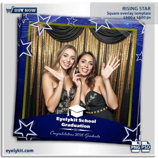 rising star graduation templates for photo booths. These rising star graduation templates are "brilliant and stunning" digital assets designed for modern 1:1 aspect ratio booths. Featuring a deep navy blue background, shimmering silver star accents, and a classic graduation cap icon, this template is the perfect frame for high-school commencements, university convocations, and private graduation parties.