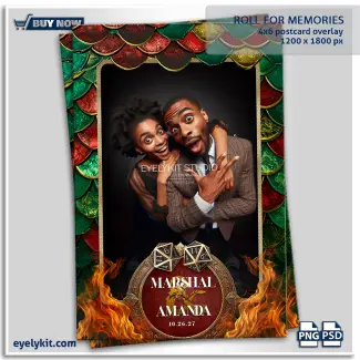 Prepare your guests for an epic quest with the Roll for Memories photo booth template. This isn't just a digital frame; it’s an invitation to an adventure that will be remembered long after the final boss is defeated. Designed specifically for tabletop RPG enthusiasts, fantasy-themed weddings, and "Level Up" birthday parties, these dungeons and dragons overlay templates feature rich, metallic dragon scales in deep emerald, crimson, and gold.