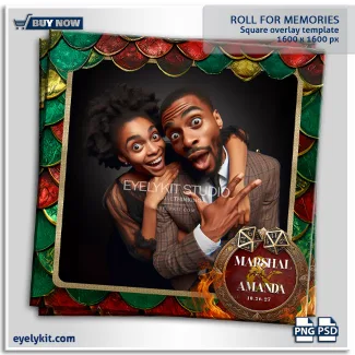 Prepare your guests for an epic quest with the Roll for Memories photo booth template. This isn't just a digital frame; it’s an invitation to an adventure that will be remembered long after the final boss is defeated. Designed specifically for tabletop RPG enthusiasts, fantasy-themed weddings, and "Level Up" birthday parties, these dungeons and dragons overlay templates feature rich, metallic dragon scales in deep emerald, crimson, and gold.