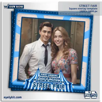 Street Fair overlay templates- Designed specifically for community festivals, school carnivals, and street activations, this 1:1 aspect ratio overlay is a "brilliant and stunning" addition to any professional photo booth library. These Street Fair overlay templates feature a sophisticated blue and white striped carnival tent aesthetic, vintage sunburst patterns, and a distressed "retro poster" texture that adds a touch of authenticity to every capture.