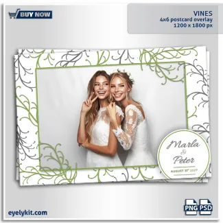 vines wedding overlay templates for photo booths. The true beauty of the Vines template lies in its balanced, airy composition. Unlike heavy floral borders that can overpower a photo, this design uses delicate, winding branches that gracefully frame the edges and weave between the photo slots.