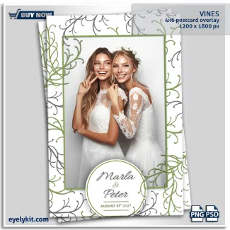 vines wedding overlay templates for photo booths. The true beauty of the Vines template lies in its balanced, airy composition. Unlike heavy floral borders that can overpower a photo, this design uses delicate, winding branches that gracefully frame the edges and weave between the photo slots.