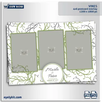 vines wedding overlay templates for photo booths. The true beauty of the Vines template lies in its balanced, airy composition. Unlike heavy floral borders that can overpower a photo, this design uses delicate, winding branches that gracefully frame the edges and weave between the photo slots.