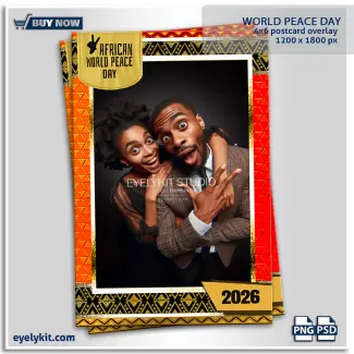 World Peace Day overlay FOR PHOTO BOOTHS. Here is the full product description for the World Peace Day template in a comprehensive paragraph format. This text is designed to hit your SEO goals for the "World Peace Day overlay" keyword while providing the professional, "brilliant and stunning" brand voice your customers expect. World Peace Day | African Heritage Photo Booth Overlay Template Celebrate the universal language of unity and global harmony with the World Peace Day overlay. In an industry where storytelling is everything, this portrait-style 4x6 postcard template offers a profound way to connect guests through culture and shared values. Specifically designed to honor African heritage and the spirit of togetherness, this overlay is much more than a simple frame—it is a digital tribute to diversity.