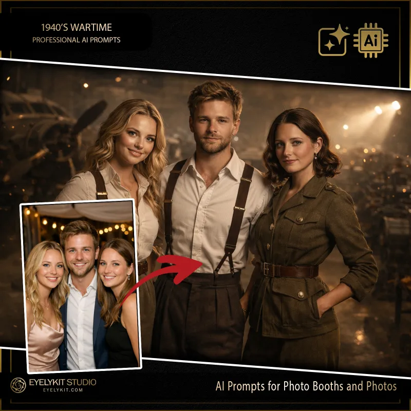 1940's Wartime 1 1940s Wartime ai prompts for photobooths. Guests are instantly outfitted in the iconic, tailored fashion of the 1940s. Men are dressed in crisp white shirts, classic suspenders, and high-waisted trousers. Women are styled in elegant vintage blouses or striking, olive-drab military-inspired jackets and belted jumpsuits.