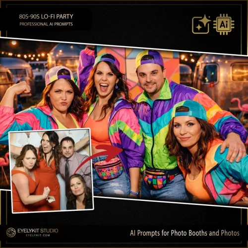 trailer park party prompts for photobooths. Utilizing advanced generative AI, these trailer park party prompts for photobooths take standard event captures and meticulously replicate the loud, unapologetic fashion of the late 80s and early 90s. Whether you are booking a wild 40th birthday, an ironic corporate retreat, or a throwback frat party, these highly specialized technical strings deliver an unparalleled level of vibrant neon colors, authentic retro accessories, and jaw-droppingly funny atmospheric backgrounds.