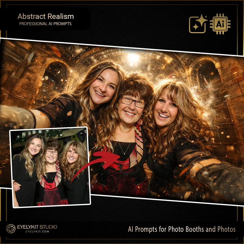 Abstract Realism 4 Abstract Realism prompts for photobooths. these Abstract Realism prompts for photobooths take standard event captures and meticulously replicate the look of a heavy, impasto oil painting. Whether you are booking an avant-garde corporate gala, an upscale artistic wedding, or a trendy brand activation, these highly specialized technical assets deliver an unparalleled level of dynamic brushstrokes, thick paint textures, and jaw-dropping visual depth.