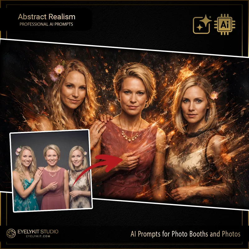 Abstract Realism 3 Abstract Realism prompts for photobooths. these Abstract Realism prompts for photobooths take standard event captures and meticulously replicate the look of a heavy, impasto oil painting. Whether you are booking an avant-garde corporate gala, an upscale artistic wedding, or a trendy brand activation, these highly specialized technical assets deliver an unparalleled level of dynamic brushstrokes, thick paint textures, and jaw-dropping visual depth.