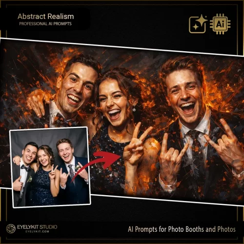 Abstract Realism prompts for photobooths. these Abstract Realism prompts for photobooths take standard event captures and meticulously replicate the look of a heavy, impasto oil painting. Whether you are booking an avant-garde corporate gala, an upscale artistic wedding, or a trendy brand activation, these highly specialized technical assets deliver an unparalleled level of dynamic brushstrokes, thick paint textures, and jaw-dropping visual depth.