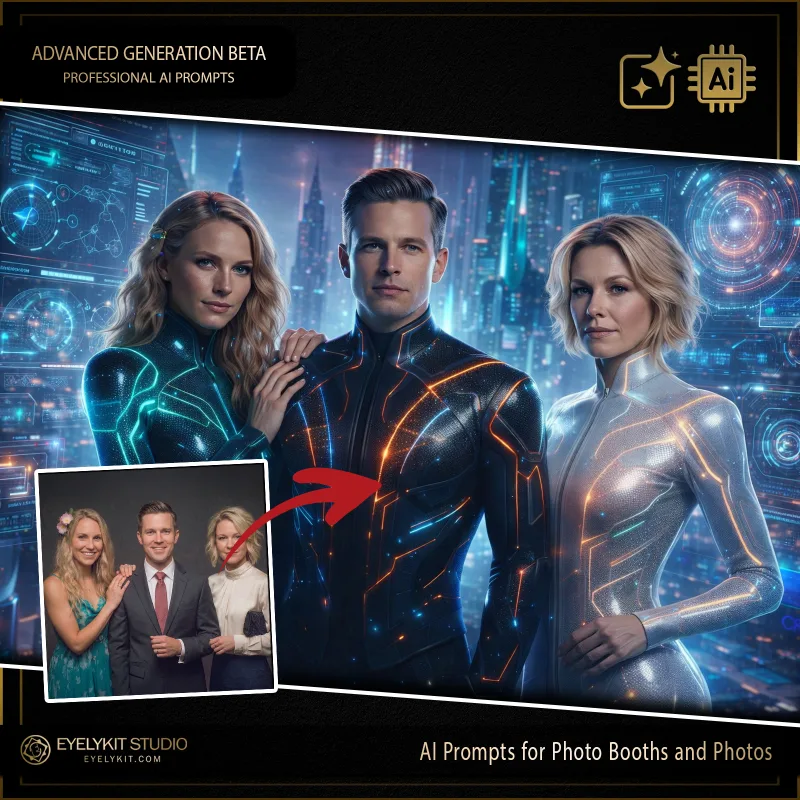 Advanced Generation Beta 1 Generation Beta prompts for photo booths. For cutting-edge tech conferences, esports tournaments, sci-fi themed corporate galas, and ultra-modern brand activations, an immersive, hyper-futuristic aesthetic is an absolute requirement. Offering a cinematic, glowing digital transformation is the ultimate way to secure these high-energy, forward-thinking bookings and guarantee viral social media reach.