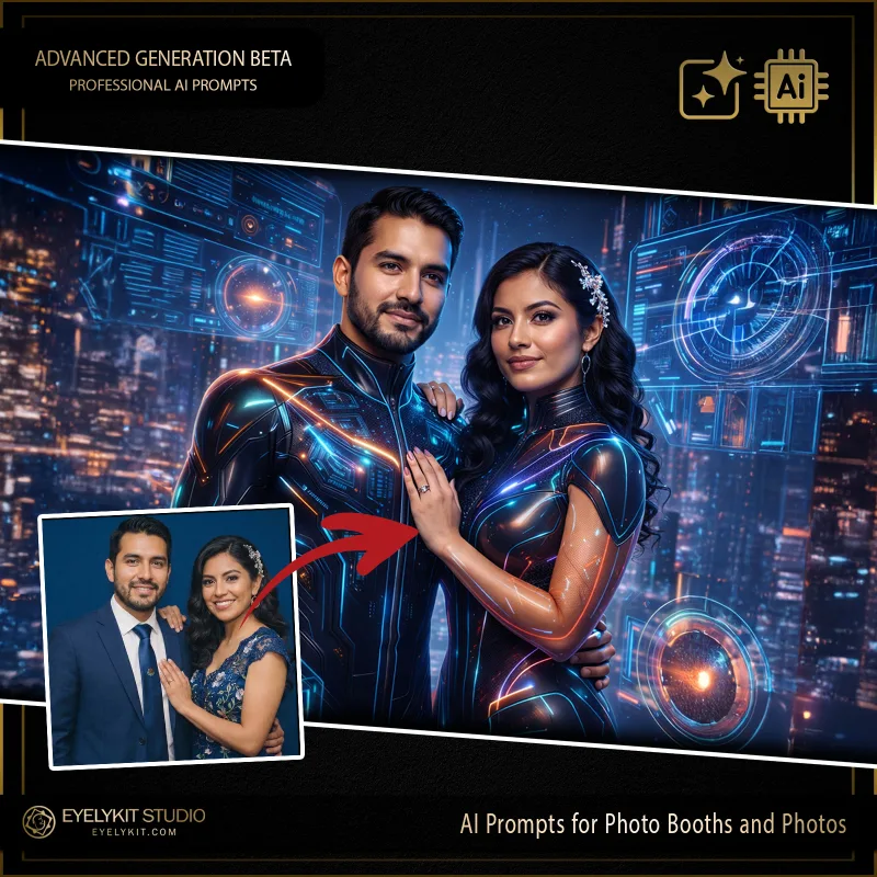 Advanced Generation Beta 2 Generation Beta prompts for photo booths. For cutting-edge tech conferences, esports tournaments, sci-fi themed corporate galas, and ultra-modern brand activations, an immersive, hyper-futuristic aesthetic is an absolute requirement. Offering a cinematic, glowing digital transformation is the ultimate way to secure these high-energy, forward-thinking bookings and guarantee viral social media reach.