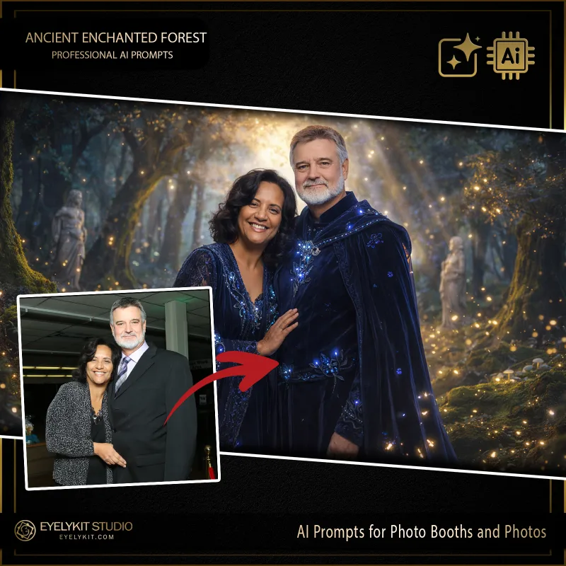 Ancient Enchanted Forest 2 Ancient Enchanted prompts for photobooths. this prompt performs a complete stylistic and environmental overhaul. Placing guests in impeccably styled fantasy cloaks surrounded by swirling magical light delivers an immense sense of epic scale and wonder that clients absolutely love.
