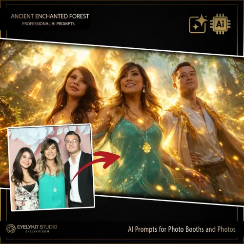 OUR STORE 31 Ancient Enchanted prompts for photobooths. this prompt performs a complete stylistic and environmental overhaul. Placing guests in impeccably styled fantasy cloaks surrounded by swirling magical light delivers an immense sense of epic scale and wonder that clients absolutely love.