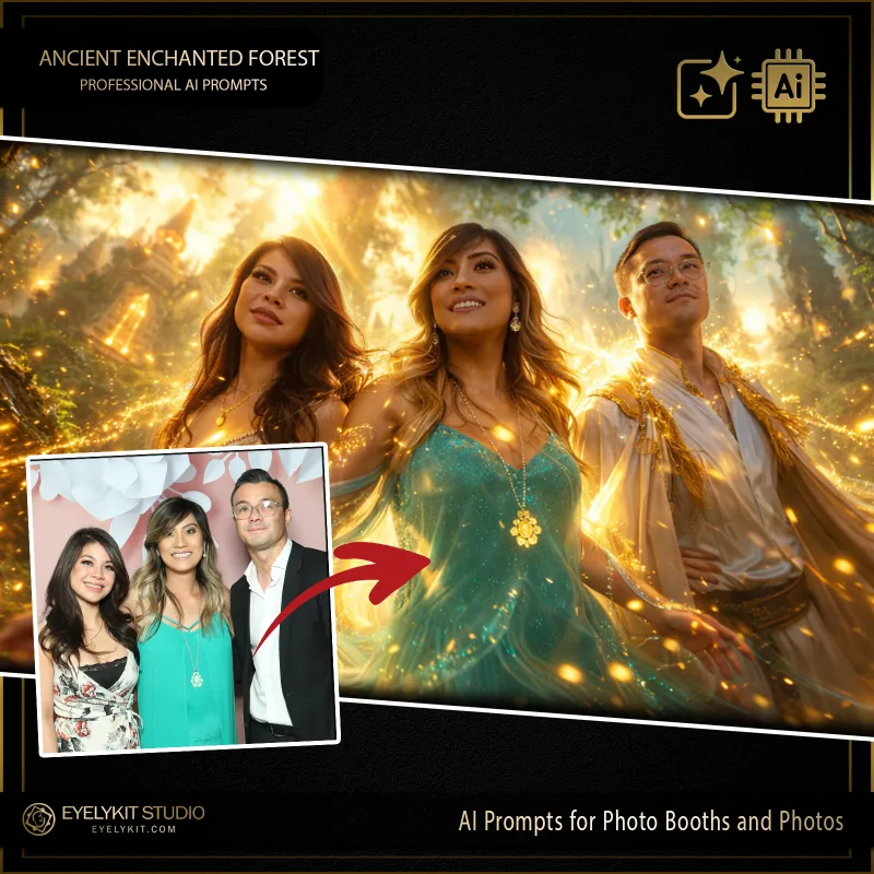 Ancient Enchanted Forest 1 Ancient Enchanted prompts for photobooths. this prompt performs a complete stylistic and environmental overhaul. Placing guests in impeccably styled fantasy cloaks surrounded by swirling magical light delivers an immense sense of epic scale and wonder that clients absolutely love.