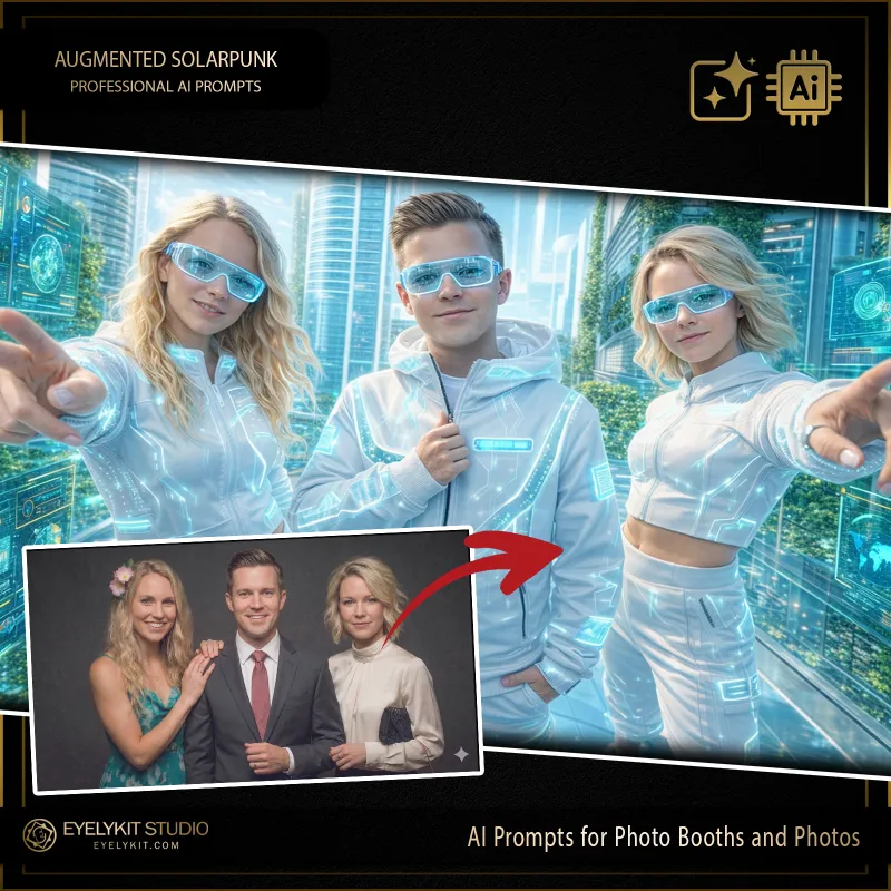 Augmented Solarpunk - Generation Alpha 2 Generation Alpha prompts for photo booths. these Generation Alpha prompts for photo booths take standard event captures and meticulously replicate the vibrant, high-tech look of a Solarpunk utopia. Whether you are booking a massive tech-industry expo or a high-energy youth event, these highly specialized technical strings deliver an unparalleled level of bioluminescent lighting, authentic augmented reality streetwear, and jaw-dropping digital eco-cities.