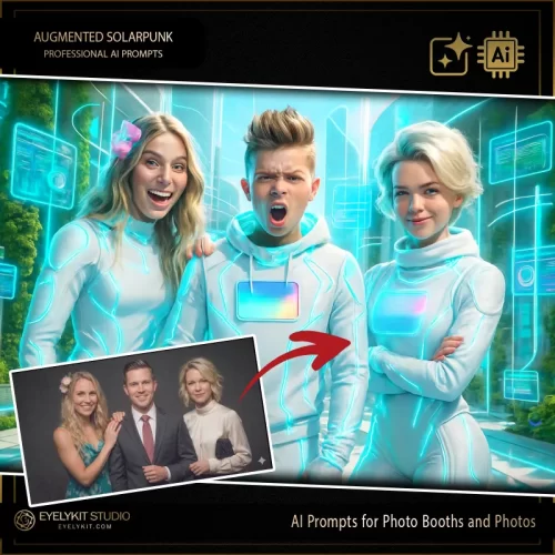 Generation Alpha prompts for photo booths. these Generation Alpha prompts for photo booths take standard event captures and meticulously replicate the vibrant, high-tech look of a Solarpunk utopia. Whether you are booking a massive tech-industry expo or a high-energy youth event, these highly specialized technical strings deliver an unparalleled level of bioluminescent lighting, authentic augmented reality streetwear, and jaw-dropping digital eco-cities.