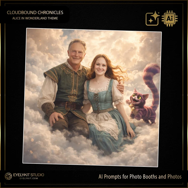 Cloudbound Chronicles 5 Alice in wonderland prompts for photobooths. these specialized Alice in wonderland prompts for photobooths take standard event captures and meticulously replicate the whimsical, enchanting aesthetic of a classic fantasy adventure.