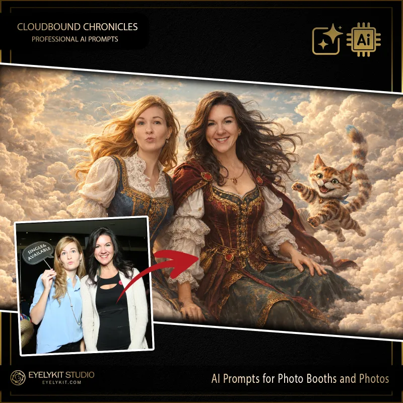 Cloudbound Chronicles 1 Alice in wonderland prompts for photobooths. these specialized Alice in wonderland prompts for photobooths take standard event captures and meticulously replicate the whimsical, enchanting aesthetic of a classic fantasy adventure.