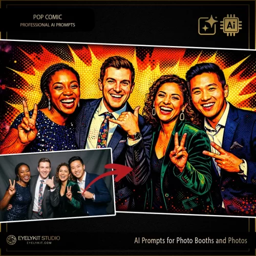 Pop Art Comic ai prompts for photo booths and photos. these Pop Art Comic ai prompts take standard event captures and meticulously replicate the iconic look of vintage comic books and classic pop art.