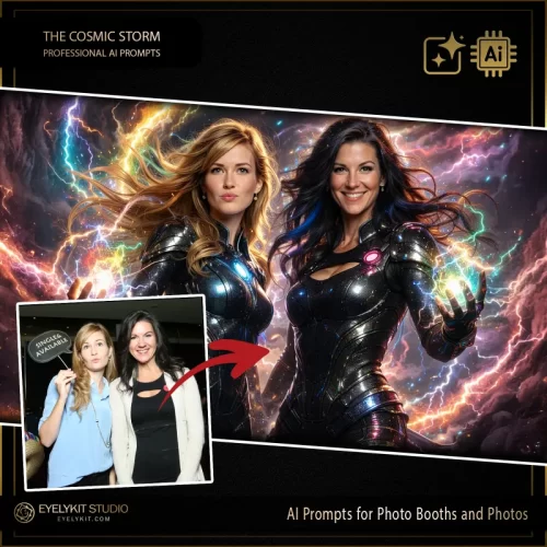 cosmic prompts for ai photo booths. offering a high-energy, neon-infused digital experience is an incredible value add. Widely regarded as the ultimate asset for a glow party for photo booths, these professional digital strings allow you to offer a dramatic, superhero-level character transformation that standard props and ring lights simply cannot match.