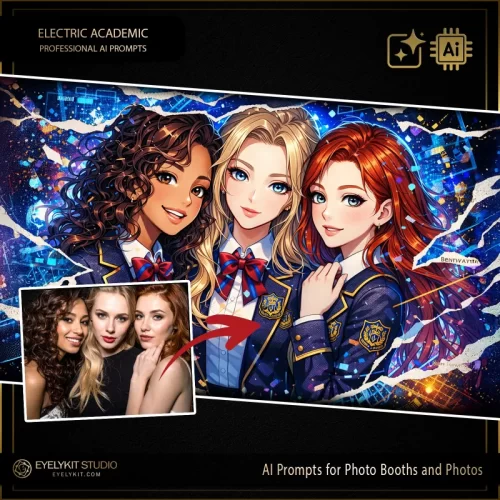 Electric Academic prompts for photobooths. generative AI, these Electric Academic prompts for photobooths take standard event captures and meticulously replicate the look of a high-end graphic novel or modern anime illustration. Whether you are booking a high school prom, a university graduation gala, an anime convention, or a themed birthday party, these highly specialized photo booth prompts deliver an unparalleled level of stylized portraiture, preppy wardrobing, and jaw-dropping visual energy.