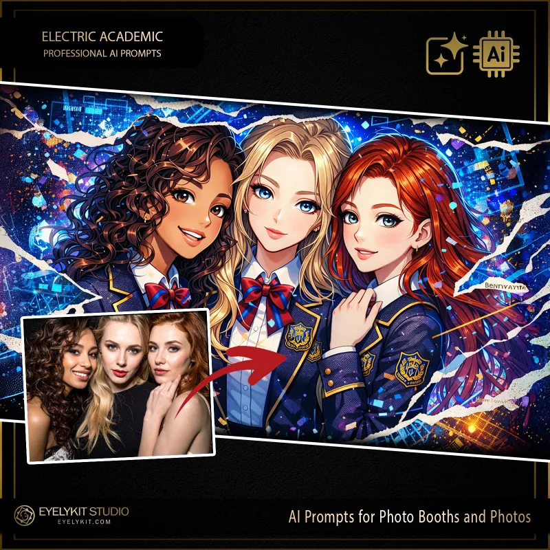 Electric Academic 1 Electric Academic prompts for photobooths. generative AI, these Electric Academic prompts for photobooths take standard event captures and meticulously replicate the look of a high-end graphic novel or modern anime illustration. Whether you are booking a high school prom, a university graduation gala, an anime convention, or a themed birthday party, these highly specialized photo booth prompts deliver an unparalleled level of stylized portraiture, preppy wardrobing, and jaw-dropping visual energy.
