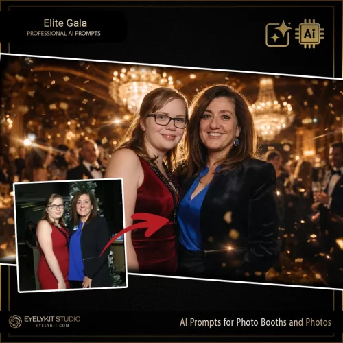 Elite Gala prompts for photobooths. these Elite Gala prompts for photobooths take standard event captures—even those in casual or semi-formal wear—and meticulously replicate the look of an exclusive, high-end celebrity gala. Whether you are booking a corporate awards ceremony, a luxury brand activation, or an opulent black-tie wedding, these highly specialized photo booth prompts deliver an unparalleled level of cinematic lighting, stunning formal wardrobing, and jaw-dropping architectural depth.