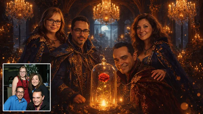 Beauty and the beast themed prompts for photobooths. this prompt is visually staggering and dripping with fairytale romance. As one of the most mesmerizing ai prompts for image generation available, the AI flawlessly strips away the modern clothing of a standard photo booth capture. Guests are instantly outfitted in the absolute height of royal fantasy fashion.