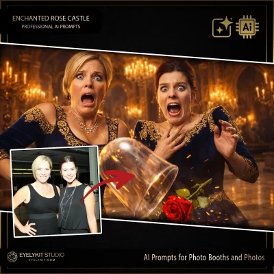 Beauty and the beast themed prompts for photobooths. this prompt is visually staggering and dripping with fairytale romance. As one of the most mesmerizing ai prompts for image generation available, the AI flawlessly strips away the modern clothing of a standard photo booth capture. Guests are instantly outfitted in the absolute height of royal fantasy fashion.