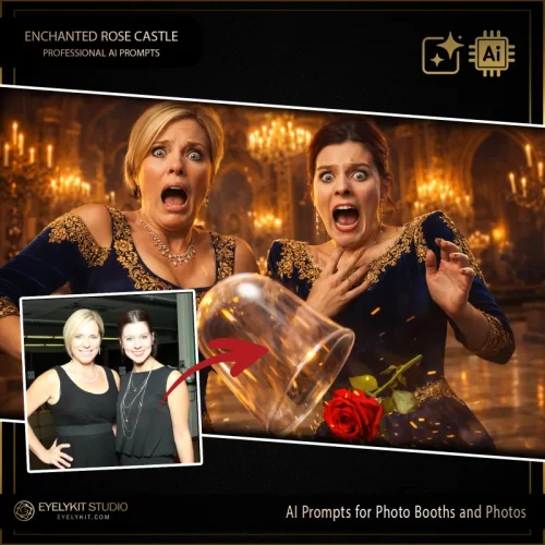 OUR STORE 30 Beauty and the beast themed prompts for photobooths. this prompt is visually staggering and dripping with fairytale romance. As one of the most mesmerizing ai prompts for image generation available, the AI flawlessly strips away the modern clothing of a standard photo booth capture. Guests are instantly outfitted in the absolute height of royal fantasy fashion.