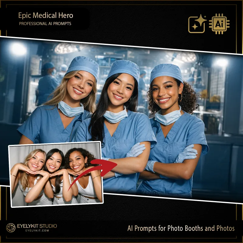 Epic Medical Hero 1 doctor prompts for photo booths. these medical ai prompts take standard event captures and meticulously transform your guests into the brilliant, heroic stars of their own hit medical drama. If you want to dominate the corporate healthcare market, these highly specialized doctor prompts for photo booths deliver an unparalleled level of cinematic lighting, professional wardrobing, and hyper-realistic detail.