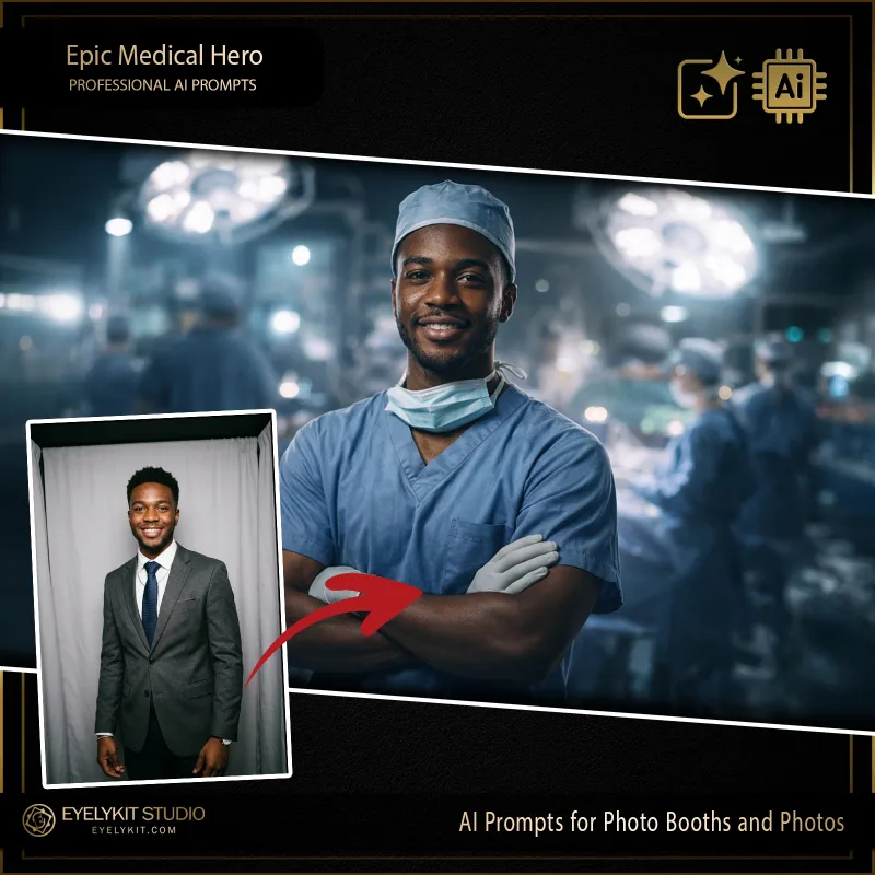Epic Medical Hero 2 doctor prompts for photo booths. these medical ai prompts take standard event captures and meticulously transform your guests into the brilliant, heroic stars of their own hit medical drama. If you want to dominate the corporate healthcare market, these highly specialized doctor prompts for photo booths deliver an unparalleled level of cinematic lighting, professional wardrobing, and hyper-realistic detail.