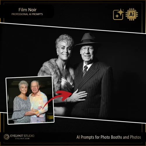 Vintage Film Noir prompts for photobooths. Widely regarded as some of the best prompts for ai photo booths, these professional digital assets allow you to offer a cinematic, high-contrast character transformation that turns a standard photo session into a gripping, moody masterpiece.