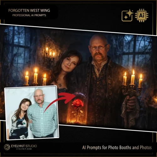 OUR STORE 28 prompts for beauty and beast theme for photo booths. While bright, opulent castles are beautiful, there is a massive market for moody, gothic romance—perfect for alternative weddings, dramatic Halloween galas, immersive theatrical events, and enchanting winter balls. Offering a highly detailed, cinematic, and beautifully haunting digital transformation is the ultimate way to secure these imaginative, high-budget bookings.
