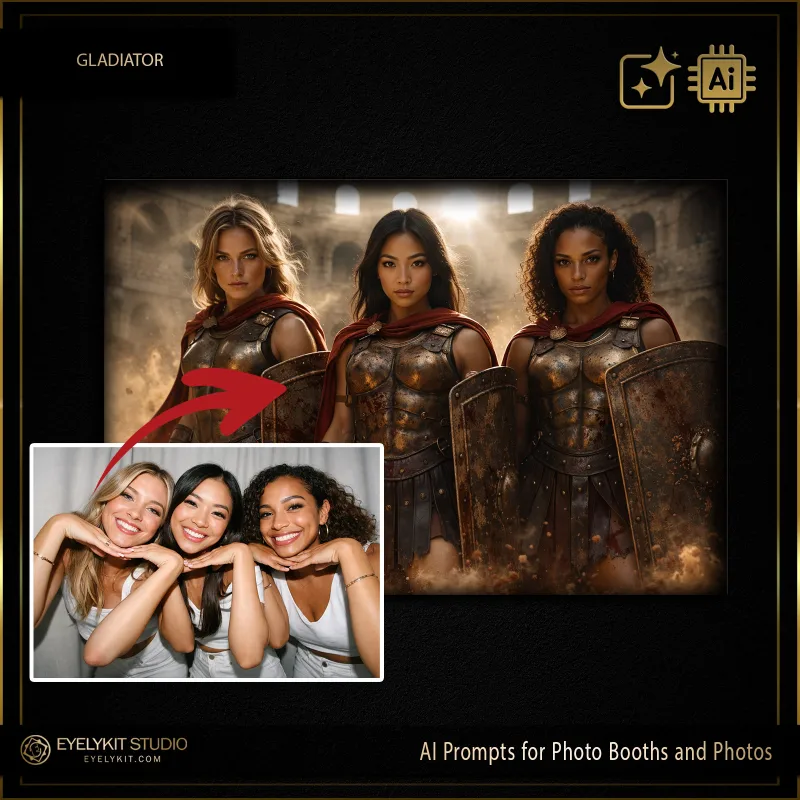 Roman Gladiator 5 Roman Gladiator prompts for photobooths. these Roman Gladiator prompts for photobooths take standard event captures and meticulously replicate the gritty, cinematic look of ancient Roman warriors. Whether you are booking a corporate team-building retreat, an epic themed fraternity party, or a historical society gala, these highly specialized photo booth prompts deliver an unparalleled level of dramatic arena lighting, intricately detailed metallic armor, and jaw-dropping cinematic dust and atmosphere.