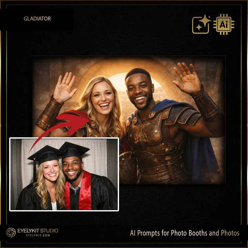 Roman Gladiator 6 Roman Gladiator prompts for photobooths. these Roman Gladiator prompts for photobooths take standard event captures and meticulously replicate the gritty, cinematic look of ancient Roman warriors. Whether you are booking a corporate team-building retreat, an epic themed fraternity party, or a historical society gala, these highly specialized photo booth prompts deliver an unparalleled level of dramatic arena lighting, intricately detailed metallic armor, and jaw-dropping cinematic dust and atmosphere.
