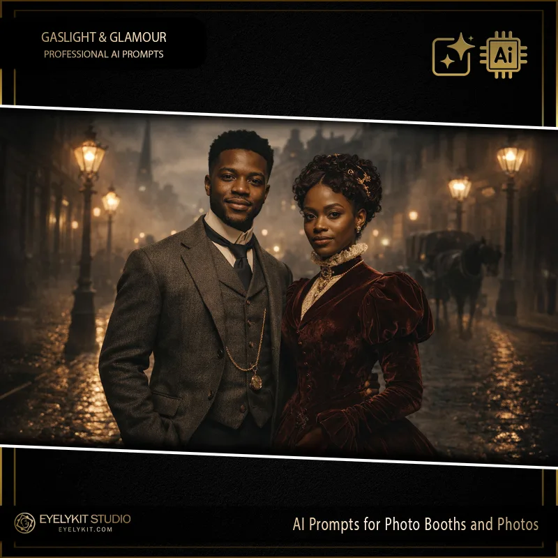 Gaslight and Glamour 2 Gaslight and Glamour prompts for photobooths. these Gaslight and Glamour prompts for photobooths take standard event captures and meticulously replicate the rich, moody aesthetic of Victorian and Edwardian elegance. Whether you are booking a historical society gala, a murder mystery corporate retreat, or a vintage-themed wedding, these highly specialized photo booth prompts deliver an unparalleled level of cinematic lighting, tailored period wardrobing, and jaw-dropping atmospheric depth.