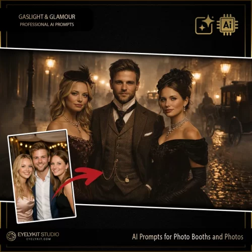 Gaslight and Glamour prompts for photobooths. these Gaslight and Glamour prompts for photobooths take standard event captures and meticulously replicate the rich, moody aesthetic of Victorian and Edwardian elegance. Whether you are booking a historical society gala, a murder mystery corporate retreat, or a vintage-themed wedding, these highly specialized photo booth prompts deliver an unparalleled level of cinematic lighting, tailored period wardrobing, and jaw-dropping atmospheric depth.