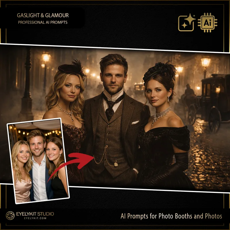 Gaslight and Glamour 1 Gaslight and Glamour prompts for photobooths. these Gaslight and Glamour prompts for photobooths take standard event captures and meticulously replicate the rich, moody aesthetic of Victorian and Edwardian elegance. Whether you are booking a historical society gala, a murder mystery corporate retreat, or a vintage-themed wedding, these highly specialized photo booth prompts deliver an unparalleled level of cinematic lighting, tailored period wardrobing, and jaw-dropping atmospheric depth.