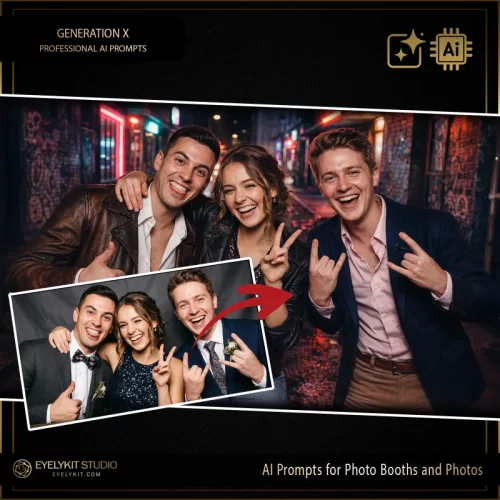 Generation X ai prompts for photobooths. these Generation X ai prompts for photobooths take standard event captures and meticulously replicate the gritty, moody, and undeniably cool aesthetic of 90s urban nightlife. Whether you are booking a themed high school reunion, a retro brand activation, or a vibrant nightclub event, these highly specialized photo booth prompts deliver an unparalleled level of cinematic neon lighting, authentic edgy wardrobing, and jaw-dropping atmospheric depth.