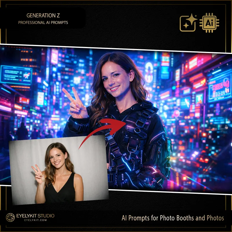 Generation Z 2 Generation Z prompts for photobooths- Utilizing advanced generative AI, these Generation Z prompts for photobooths take standard event captures and meticulously replicate the edgy, high-tech look of a cyberpunk metropolis. Whether you are booking a massive tech-industry gala or a high-energy youth event, these highly specialized technical strings deliver an unparalleled level of neon cyber-lighting, authentic futuristic tactical streetwear, and jaw-dropping digital cityscapes.