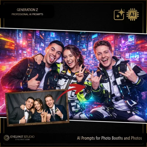 Generation Z prompts for photobooths- Utilizing advanced generative AI, these Generation Z prompts for photobooths take standard event captures and meticulously replicate the edgy, high-tech look of a cyberpunk metropolis. Whether you are booking a massive tech-industry gala or a high-energy youth event, these highly specialized technical strings deliver an unparalleled level of neon cyber-lighting, authentic futuristic tactical streetwear, and jaw-dropping digital cityscapes.