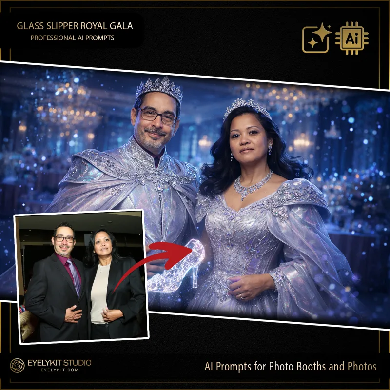 Glass Slipper Royal Gala 1 Cinderella Ball prompts for photobooths. The AI transports your guests to a grand, palatial ballroom bathed in cool, ethereal blue lighting and a flurry of sparkling fairy dust. To complete the ultimate fairytale illusion, a perfectly rendered, glowing glass slipper is seamlessly integrated into the scene—either floating magically between a couple or held gently in a guest's hands. The contrast between the sparkling magic and the opulent attire creates a flawless portrait that guests will treasure long after the clock strikes midnight.
