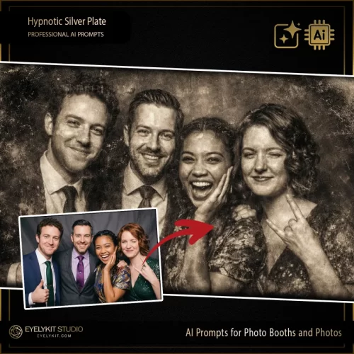 Silver Plate ai prompts for photo booths. These Silver Plate ai prompts are a "brilliant and stunning" digital asset engineered for photo booth owners who want to offer a premium, antique transformation. Utilizing advanced generative AI, this prompt takes standard event captures and meticulously replicates the look of a 19th-century wet plate collodion or tintype photograph.