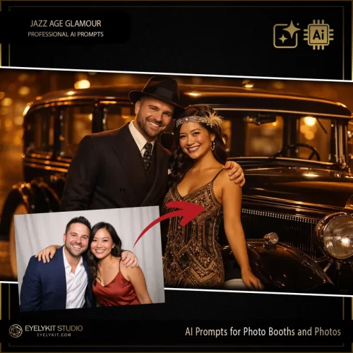 Jazz Age Glamour prompts for photobooths.these Jazz Age Glamour prompts for photobooths take standard event captures and meticulously replicate the rich, glowing aesthetic of 1920s high society. Whether you are booking a lavish New Year's Eve gala, a vintage-themed wedding, or a Great Gatsby corporate party, these highly specialized photo booth prompts deliver an unparalleled level of cinematic golden lighting, stunning Art Deco wardrobing, and jaw-dropping atmospheric depth.