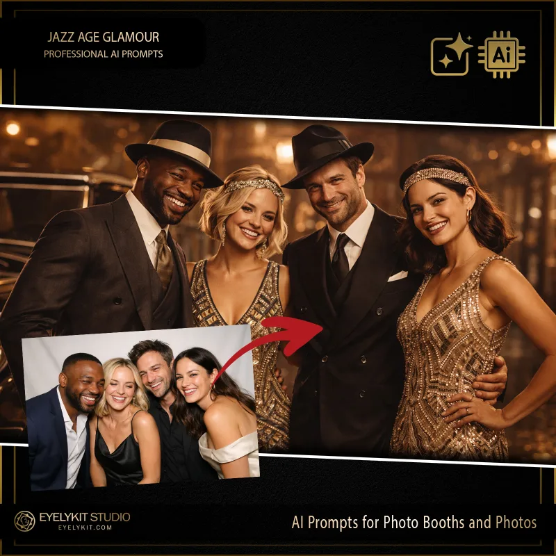 Jazz Age Glamour 2 Jazz Age Glamour prompts for photobooths.these Jazz Age Glamour prompts for photobooths take standard event captures and meticulously replicate the rich, glowing aesthetic of 1920s high society. Whether you are booking a lavish New Year's Eve gala, a vintage-themed wedding, or a Great Gatsby corporate party, these highly specialized photo booth prompts deliver an unparalleled level of cinematic golden lighting, stunning Art Deco wardrobing, and jaw-dropping atmospheric depth.