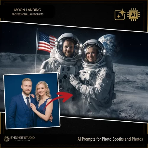 moon landing ai prompts for photos and photo booths. ake one giant leap for your event business and offer your clients a piece of history with the Moon Landing AI prompt pack.