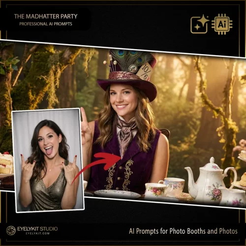 mad hatter prompts for photo booths and photo generation. Utilizing advanced generative AI, these mad hatter prompts take standard event captures and meticulously replicate the magical, quirky aesthetic of a classic fantasy woodland. Whether you are booking a whimsical wedding, an extravagant birthday celebration, or a creative corporate retreat, these highly specialized alice in wonderland photo prompts deliver an unparalleled level of cinematic lighting, eccentric wardrobing, and jaw-dropping digital set design.